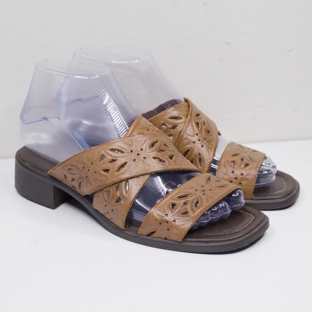 BASIC‎ EDITIONS VTG 90s Leather Cutout Floral Slide Sandals Boho Brown Sz 6.5